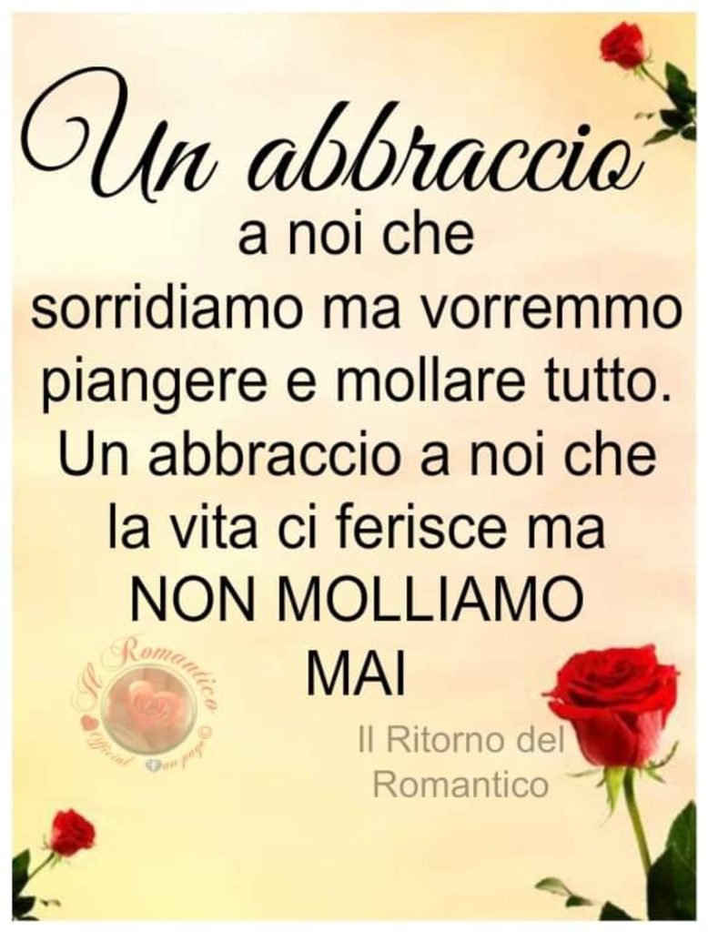 Un abbraccio a noi che sorridiamo ma vorremmo piangere e mollare tutto. Un abbraccio a noi che la vita ci ferisce ma non molliamo mai